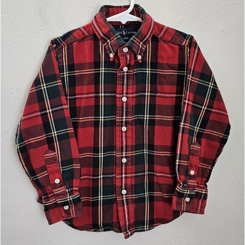 Ralph Lauren Toddler Boys Red Green Plaid Long Sleeve Shirt Size 4T Pony Logo